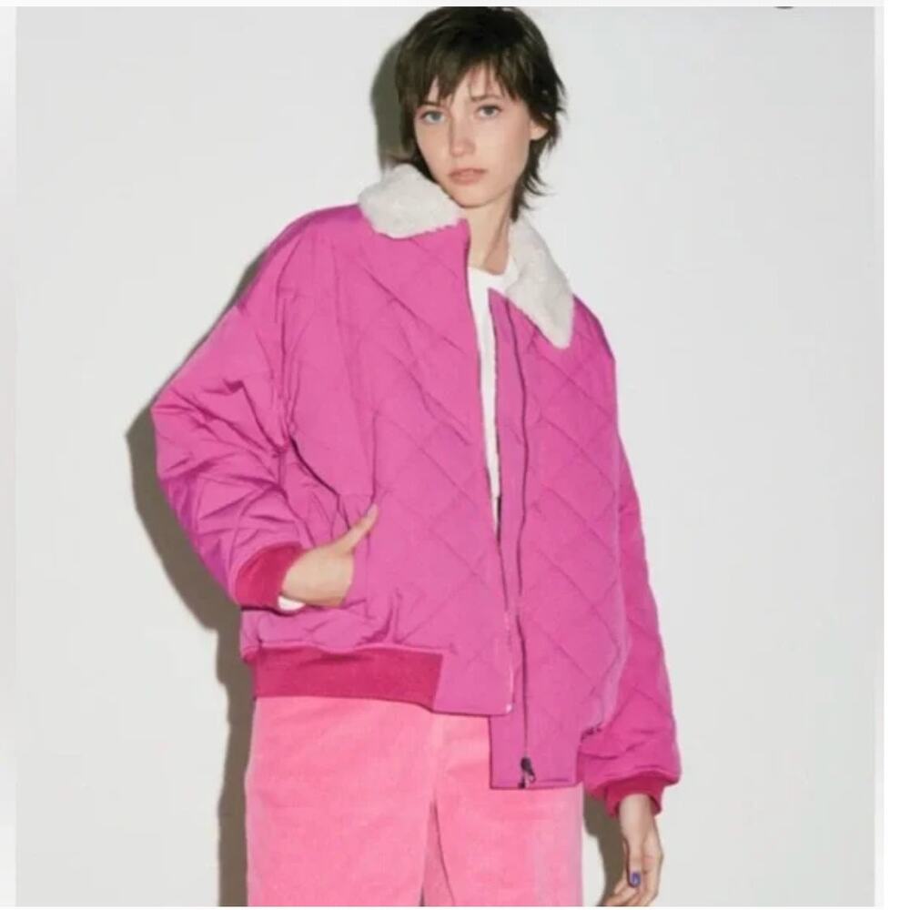 Thread and Supply Shearling Collar Jacket M Pink NWOT Dad Style Bomber Quilted